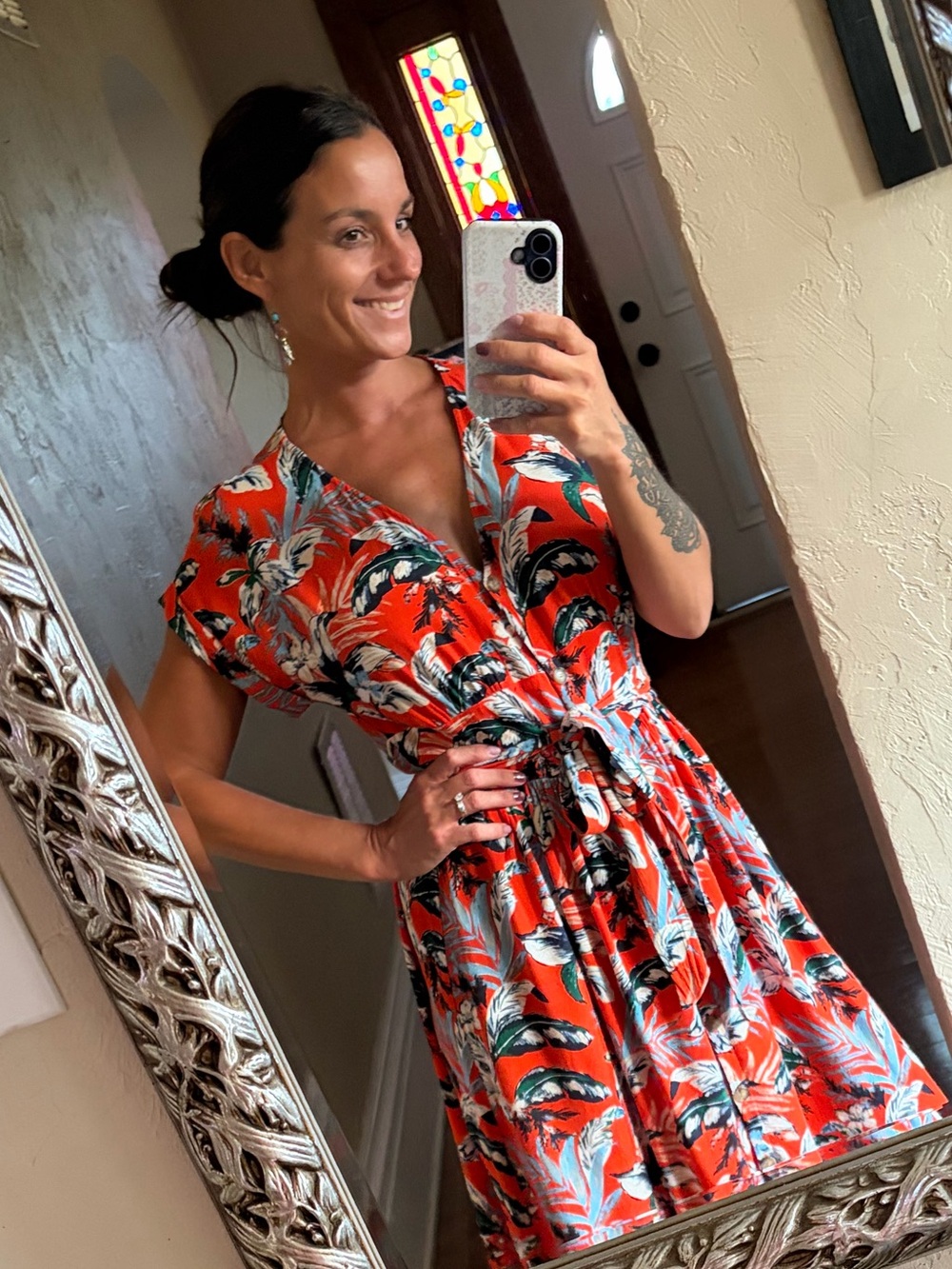 LOFT Red Floral Tie-Waist Midi Dress